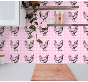 Papier peint cuisine carrés roses et blancs avec des poules - TenStickers