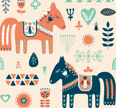 Papier peint motif chevaux et feuilles nordiques sur fond beige - TenStickers