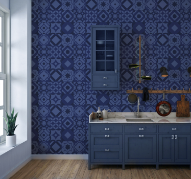 Papier peint cuisine carreaux bleu marine - TenStickers