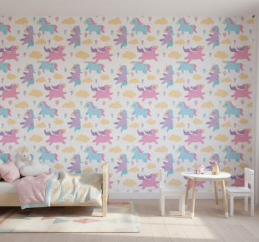 Papier peint chambre enfant licornes et nuages - TenStickers