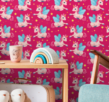Papier peint chambre fille rose licornes heureuses drôles - TenStickers