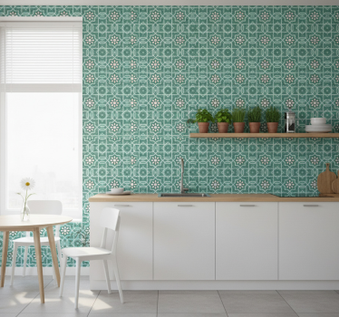 Papier peint cuisine carreaux floraux verts - TenStickers