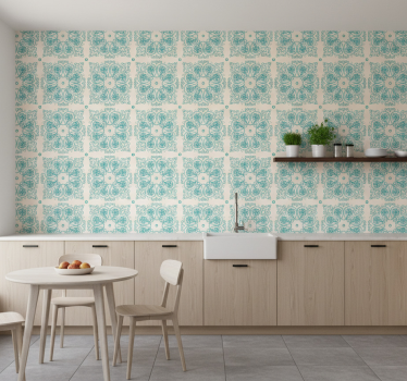 Papier peint cuisine carreaux turquoise - TenStickers