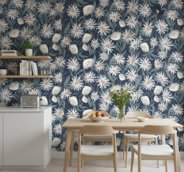 Papier peint cuisine fleurs marguerites sur fond bleu - TenStickers