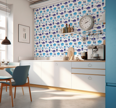 Papier peint cuisine motif d'ustensiles bleus - TenStickers