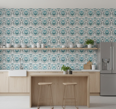 Papier peint cuisine motif folk bleu avec oiseaux - TenStickers