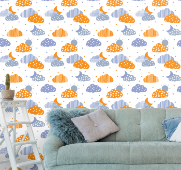 Papier peint chambre enfant nuages orange et bleu soleil - TenStickers